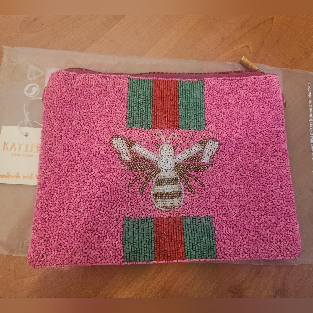Pink beaded bee handbag gold tone strap. NWT